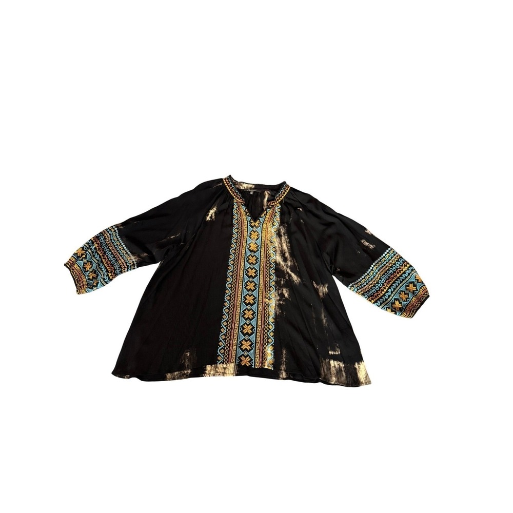 Calessa Womens Black Boho Embroidered Tie Dye Tunic Blouse Top SZ 3X NEW